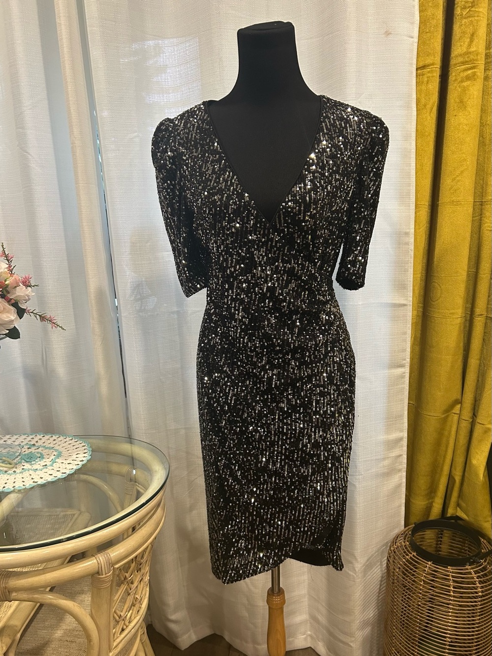 Calvin Klein Black Sequin Midi Dress with Silver Sparkle